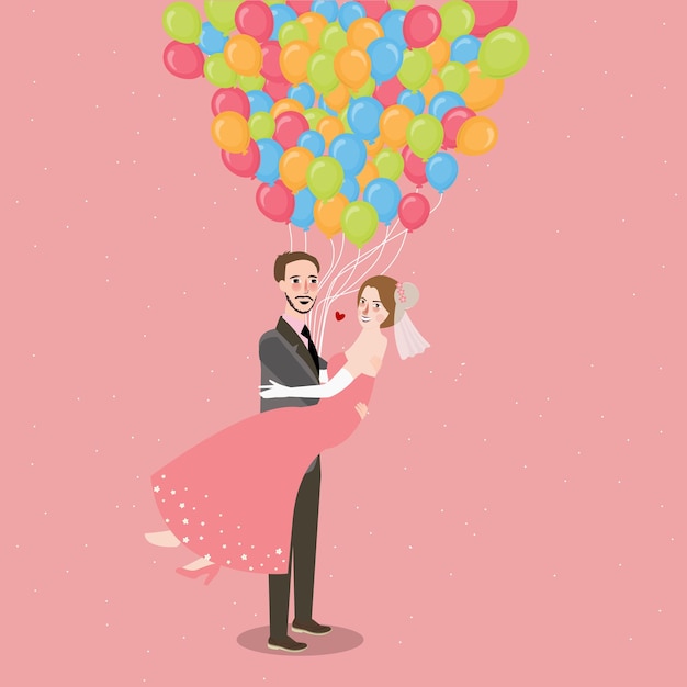 Una coppia di sposi in luna di miele con un palloncino che vola intorno a un'illustrazione romantica divertente