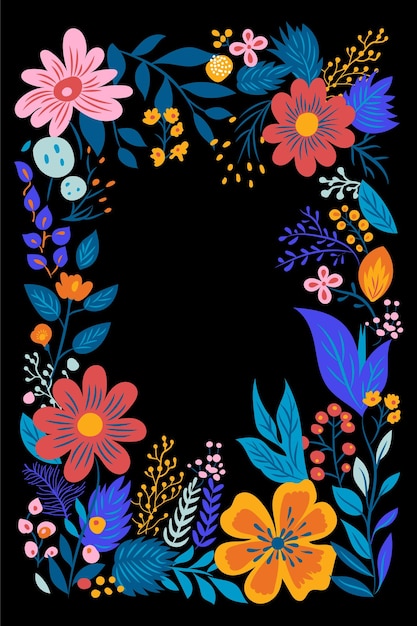 una cornice colorata con fiori colorati su un'immagine artistica di sfondo nero nello stile dei colori piatti