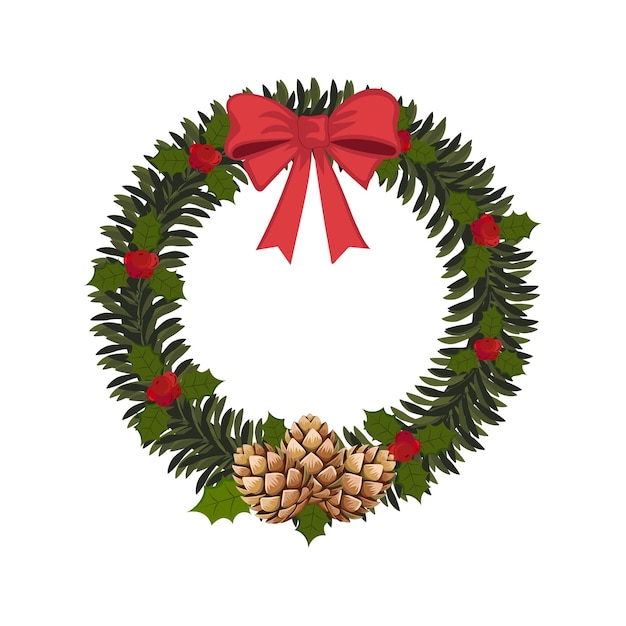 Una corona di Natale festiva fatta di rami di abete verde, foglie di acero e bacche rosse adornate con un fiocco di nastro rosso in cima e pigne dorate in basso