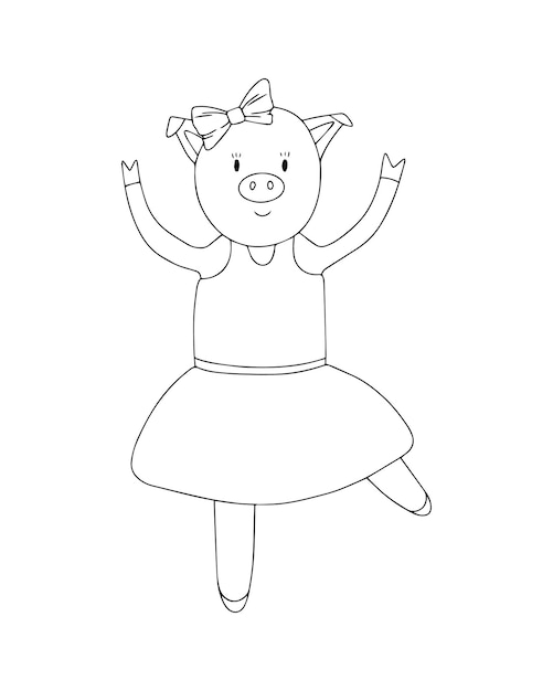 Una danza di maiale femmina in un vestito con un fiocco di colorazione cartoon lineare dudl animale bestiame