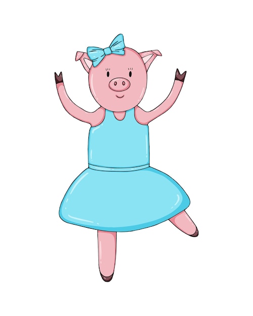 Una danza di maiale femmina in un vestito con un fiocco di colorazione cartoon lineare dudl animale bestiame