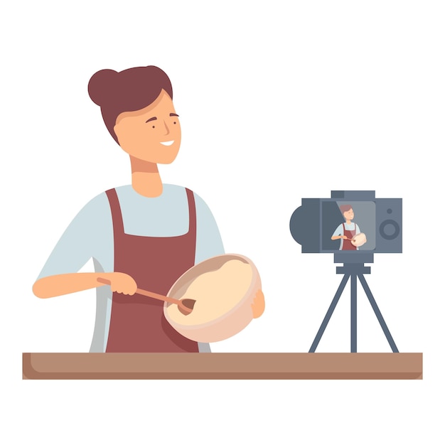 Una donna allegra registra un tutorial di cucina per il suo pubblico online con una telecamera digitale