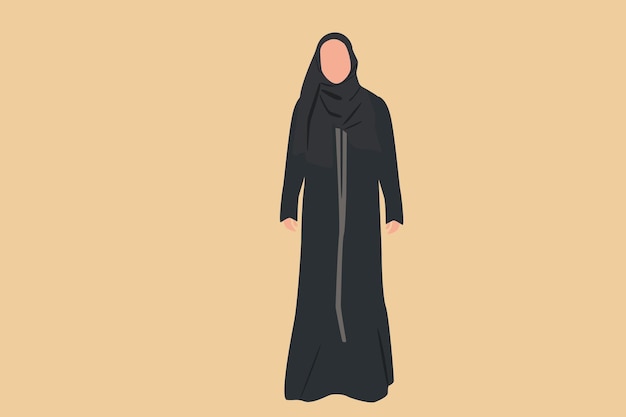 Una donna araba in piedi mentre indossa l'hijab e l'illustrazione dell'abbigliamento tradizionale