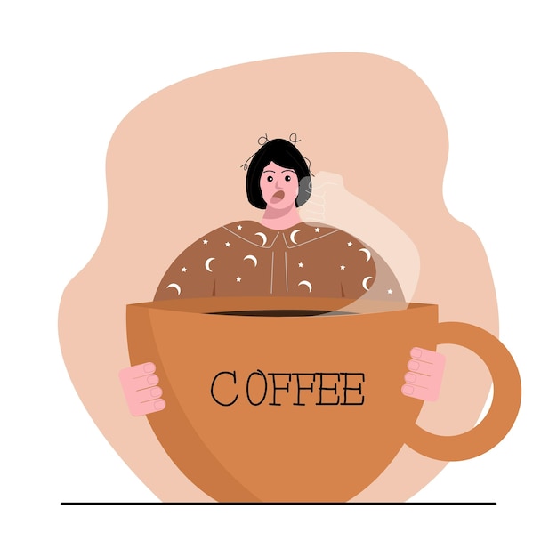 Una donna arruffata in pigiama sta con un'enorme tazza tra le mani da cui esce un pugno e la picchia per tirarla su di morale Illustrazione vettoriale
