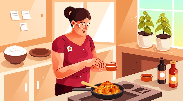 Vettore una donna che cucina in una cucina con una pianta in vaso sul bancone.