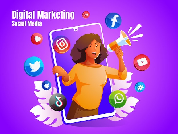 una donna che grida usando un megafono con il logo di un'icona dei social media e uno smartphone