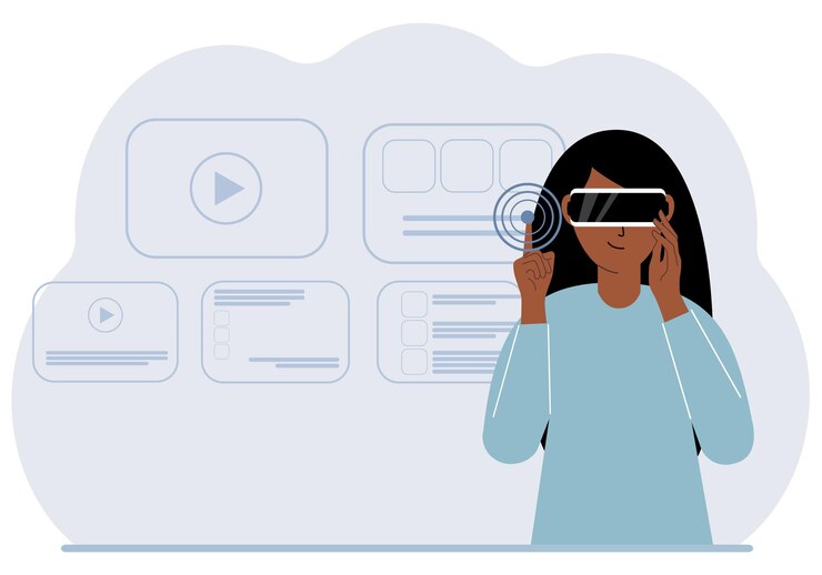 Vettore una donna che indossa un auricolare di realtà virtuale studia, lavora, gioca e lavora.