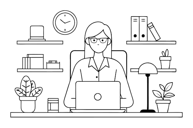Una donna che lavora in un ufficio illustrazione in bianco e nero