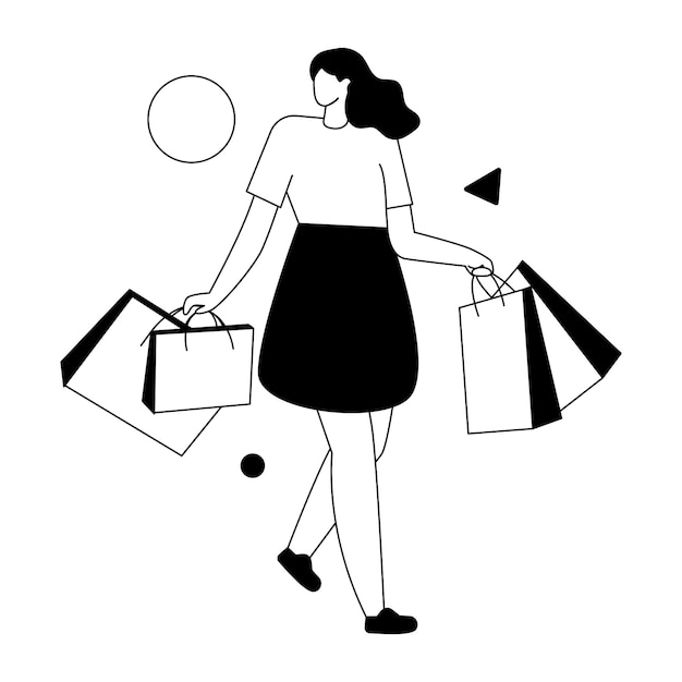 Una donna che porta borse della spesa sta camminando in un'illustrazione in bianco e nero.
