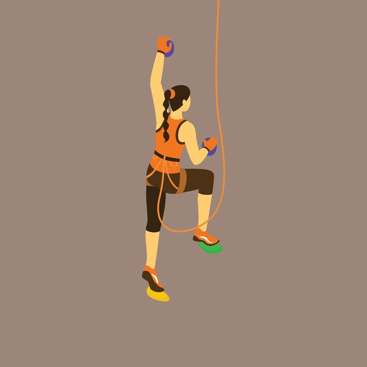 Vettore una donna che si arrampica su una corda con un top rosso e pantaloncini neri.
