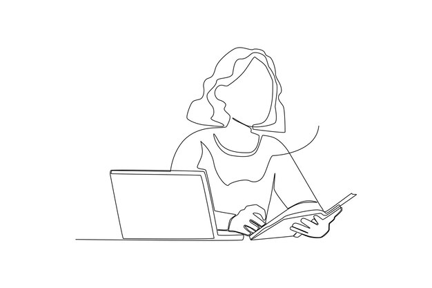 Una donna che studia con un computer sulla sua scrivania line art