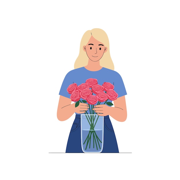 Una donna con i capelli biondi che tiene un vaso pieno di rose rosa in un'illustrazione vettoriale piatta minimalista