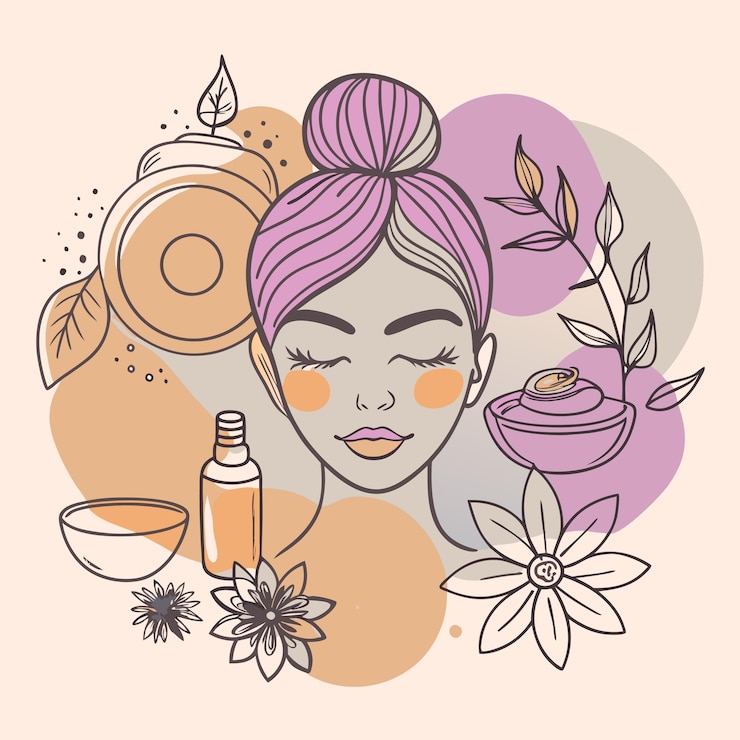 Vettore una donna con i capelli rosa e dei fiori davanti a lei
