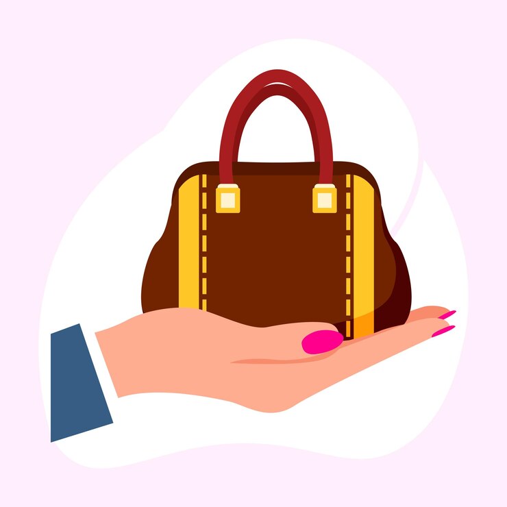 Vettore una donna con in mano una borsa di lusso di marca