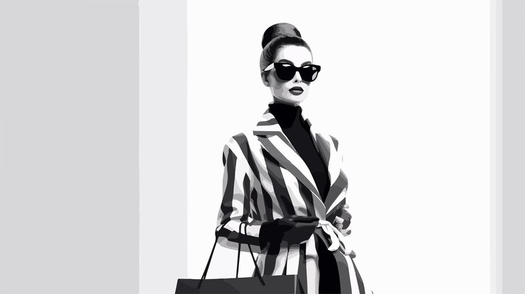 Vettore una donna con un vestito a righe indossa un vestito a righe e occhiali da sole
