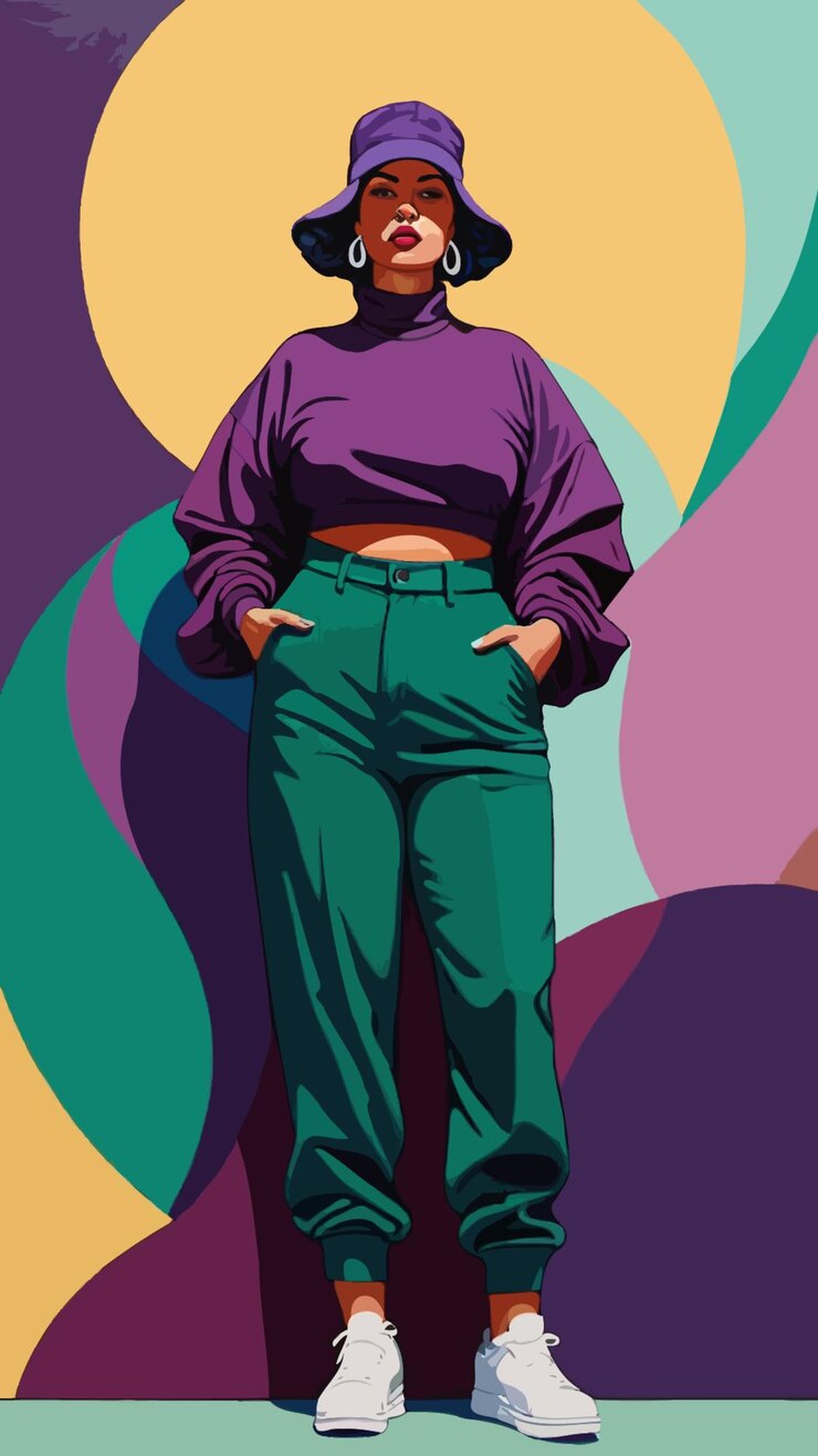 Vettore una donna curva vestita in streetwear degli anni '90