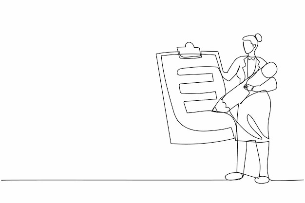 Una donna d'affari con un blocco di disegno con una sola linea continua Completa con successo la lista di controllo