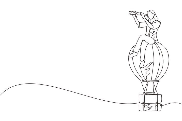 Vettore una donna d'affari in disegno continuo seduta e guardando attraverso il telescopio in un palloncino ad aria calda