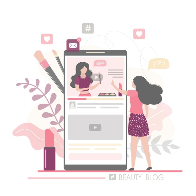 Una donna della moda che guarda un blog di bellezza e parla su uno smartphone una blogger parla di cosmetici