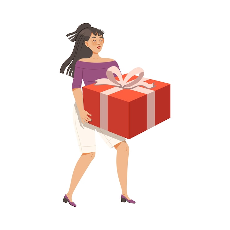Vettore una donna felice che porta una scatola regalo avvolta per un'occasione speciale come un compleanno o una celebrazione festiva illustrazione vettoriale