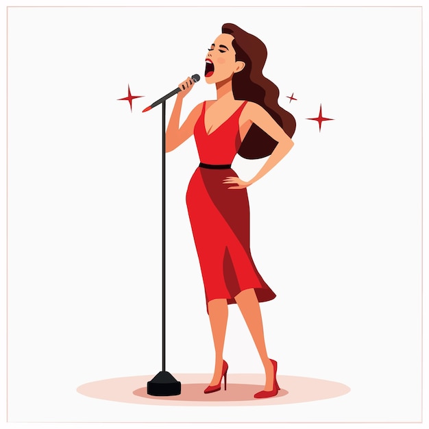una donna in un vestito rosso che canta in un vettore di microfono