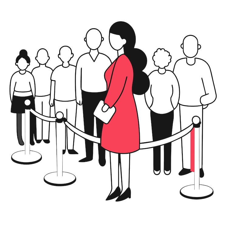 Vettore una donna in un vestito rosso si trova di fronte a una folla di persone illustrazione aziendale