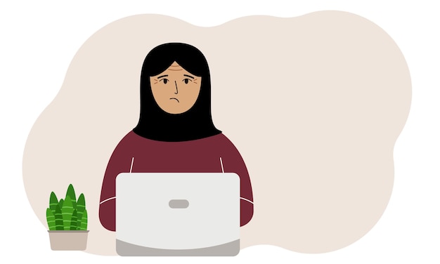 Una donna lavora o studia con un portatile Freelancing o apprendimento a distanza e concetto di lavoro