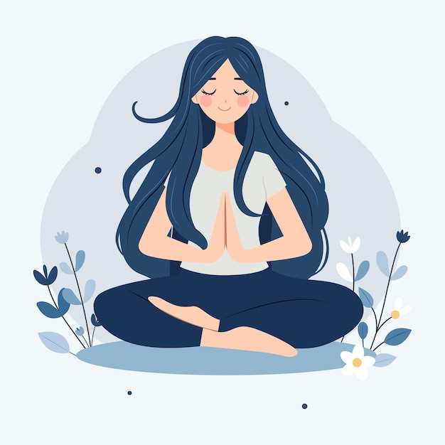 Una donna medita in natura e lascia l'illustrazione concettuale per la meditazione yoga di rilassamento