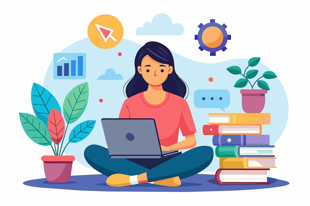 Una donna seduta sul pavimento impegnata con il suo portatile in un concetto di istruzione online o lavoro a distanza donna seduta con un portatile concetto di educazione online concetto di apprendimento a distanza concetto di illustrazione piatta