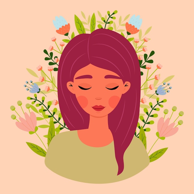 Una donna serena circondata da fiori colorati in una composizione gentile ispirata alla natura