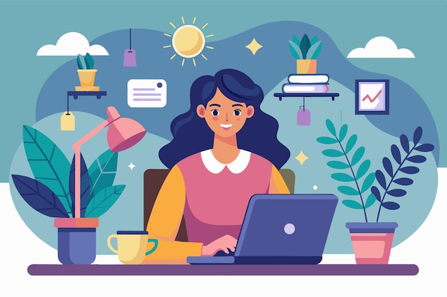 Una donna si siede alla sua scrivania lavorando al suo portatile è circondata da piante d'appartamento e ha una tazza di caffè accanto a lei