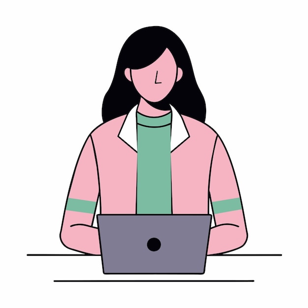 una donna si siede davanti a un portatile con un logo sulla parte anteriore