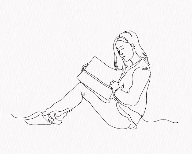 Una donna si siede legge un'arte di linea del libro
