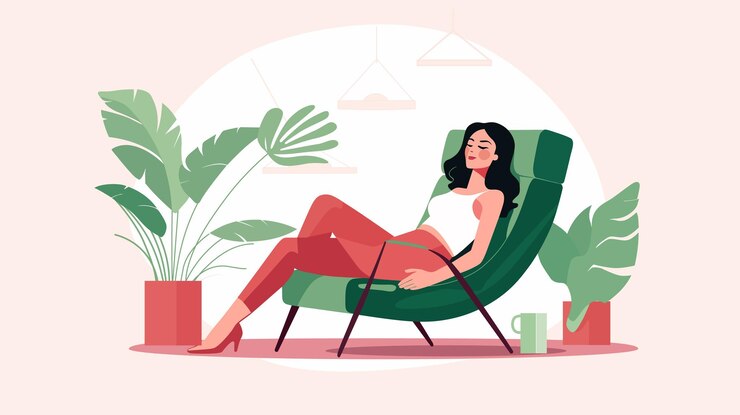 una donna si siede su una sedia con una pianta sullo sfondo illustrazione vettoriale piatta