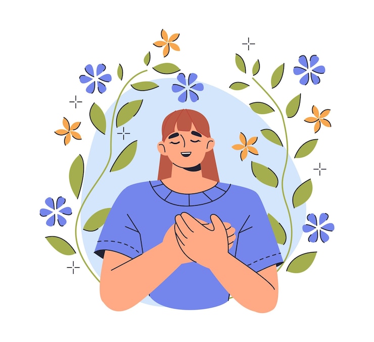 Vettore una donna sorridente con gli occhi chiusi circondata da piante e fiori concetto di salute mentale felicità