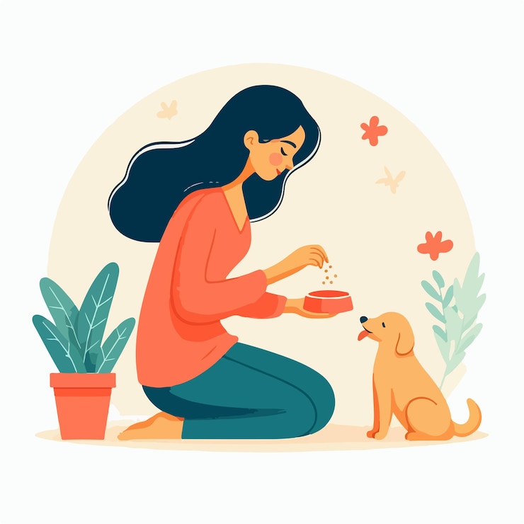 Vettore una donna sta nutrendo un cucciolo illustrazione di cura per animali domestici