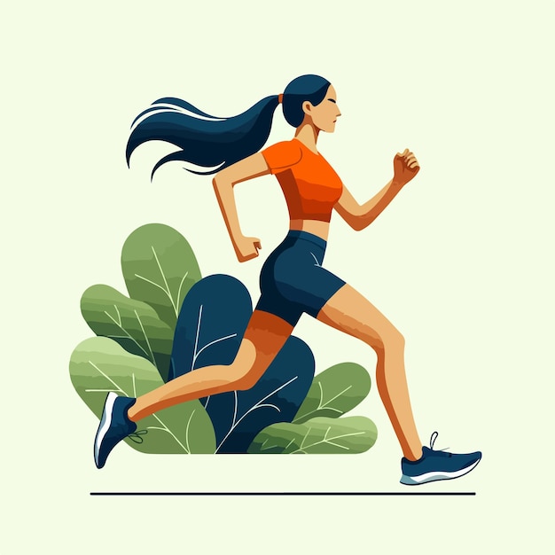 una donna stilizzata con i capelli lunghi che corre in abbigliamento sportivo contro uno sfondo di foglie verdi