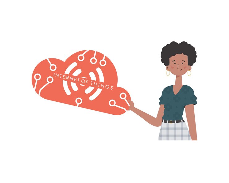 Vettore una donna tiene il logo iot nelle sue mani concetto di internet delle cose vettore isolato