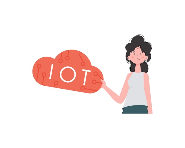 Una donna tiene il logo IoT nelle sue mani concetto IoT illustrazione vettoriale isolata in stile piatto