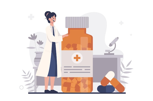 Una dottoressa con una bottiglia di medicina