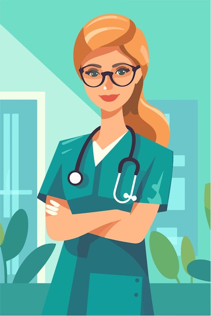 Una dottoressa in camice verde e uno stetoscopio si trova in una stanza d'ospedale.