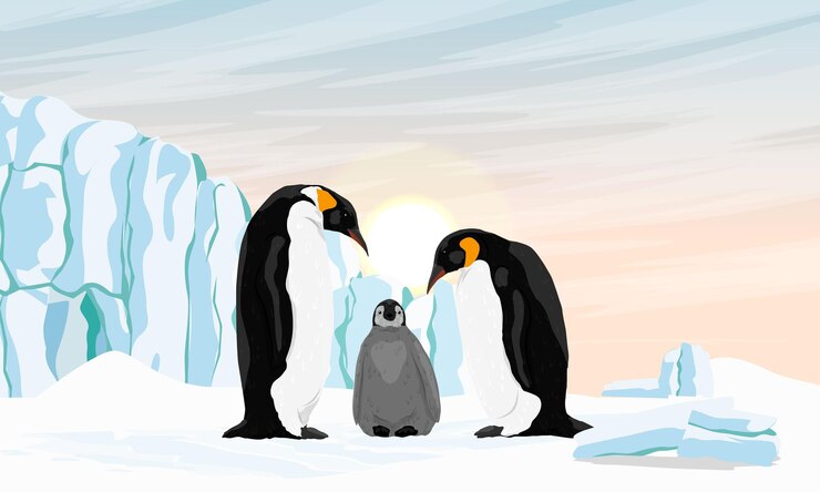 Vettore una famiglia di pinguini imperatori con un pulcino sono in piedi nella neve vicino a un grande ghiacciaio