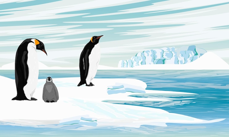 Vettore una famiglia di pinguini imperatori si trova sulla riva dell'oceano uccelli dei poli meridionali vettore realistico l