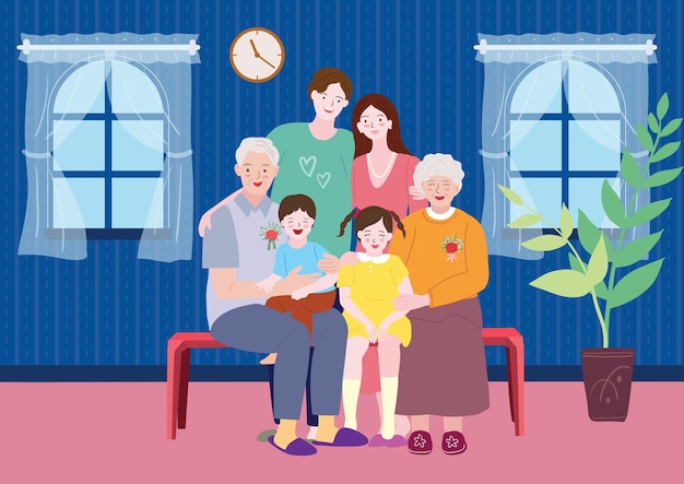 una famiglia felice che ride insieme in un soggiorno finestrato