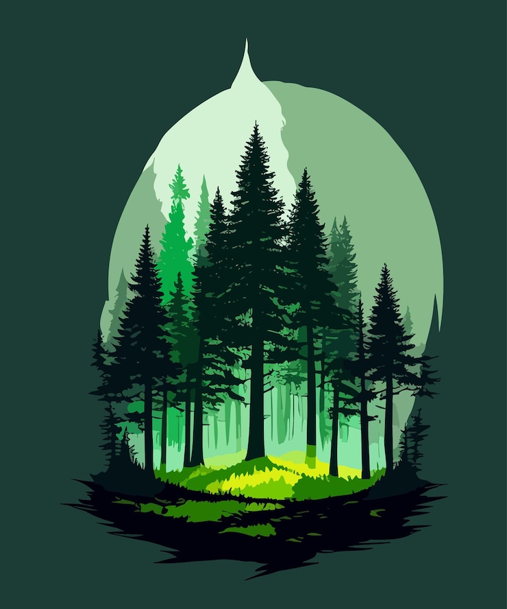 Vettore una foresta vettoriale paesaggio misterioso notte foresta luna cielo stellato disegno d'illustrazione d'arte