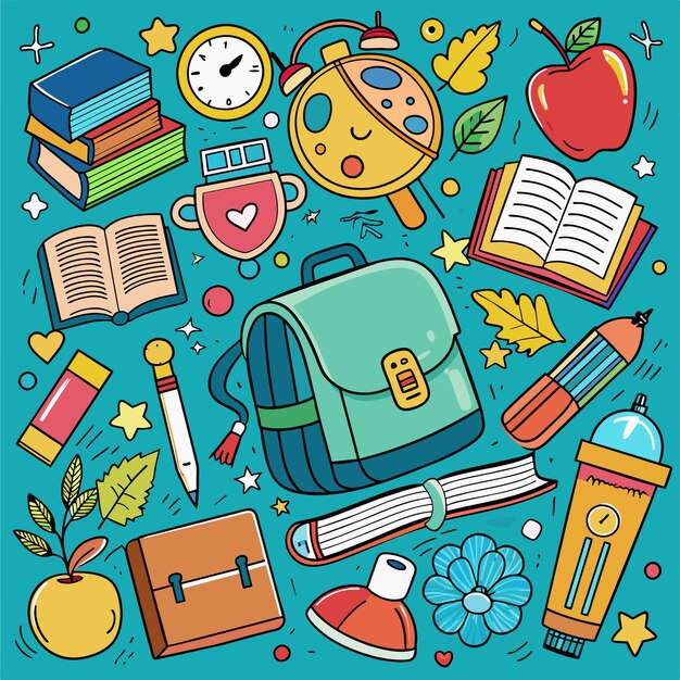 una foto colorata di un libro scolastico con uno zaino su di esso