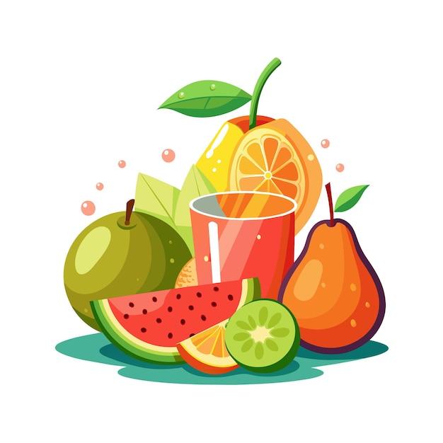 una foto di frutta e una tazza di succo con una cannuccia