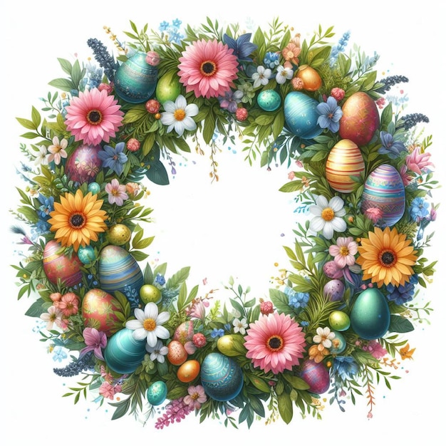Una ghirlanda con fiori e uova di Pasqua al centro