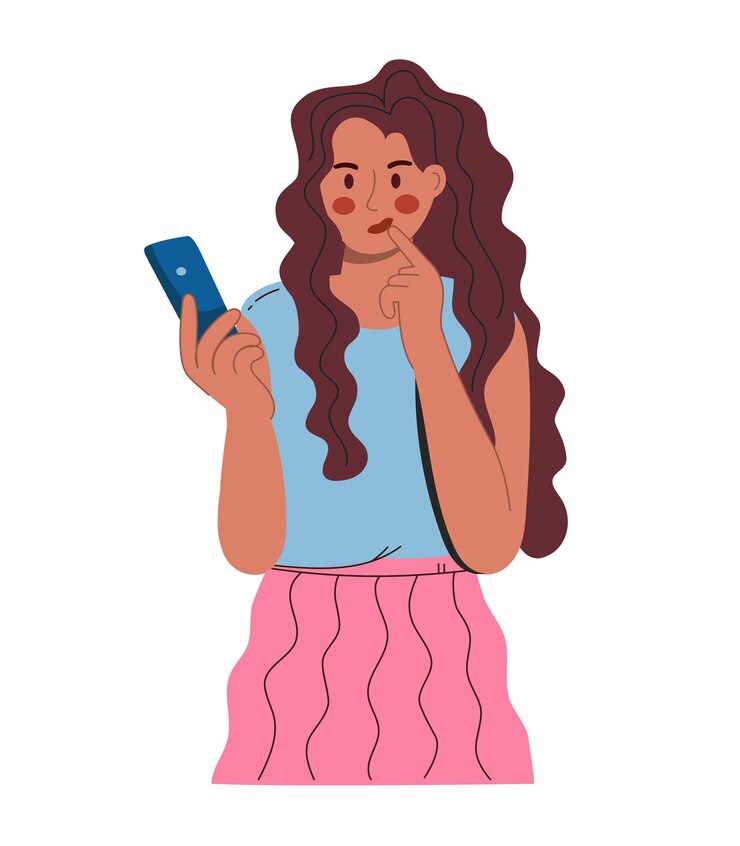 Vettore una giovane bella donna guarda in uno smartphone con una faccia premurosa in una camicetta blu e rosa