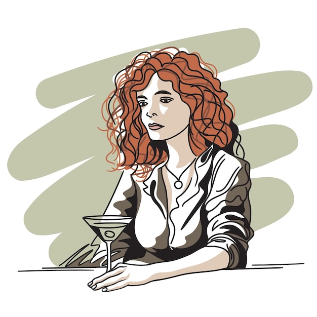 Una giovane bella ragazza con i capelli rossi si siede a un tavolo con un bicchiere di martini